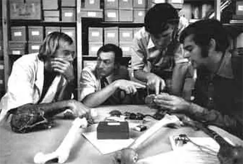Evolutionist scientists generally make deductions on the basis of a few fragments of bone in their possession. (Richard Leakey, second from left, and Donald C.