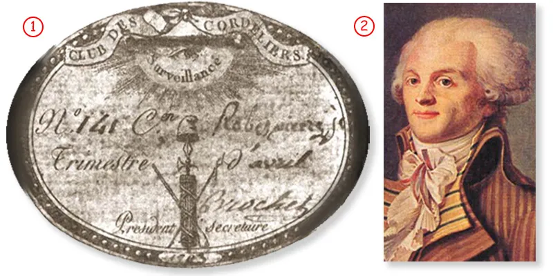 The Cordeliers Club card belonging to Robespierre, ruthless leader of the French revolution. Pagan symbols such as the red cap and a bundle of rods strapped aro