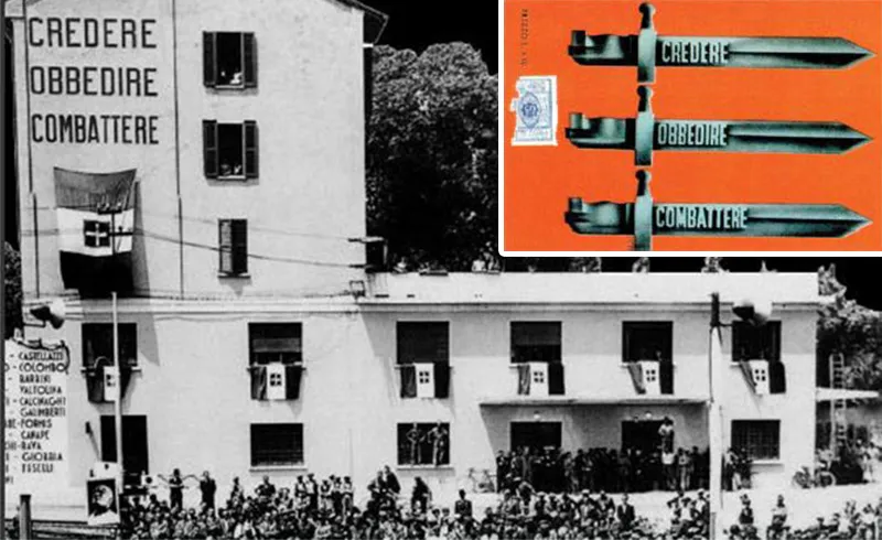 Propaganda methods were also employed by Mussolini. Above are some examples of publications reflecting Italian fascism and its pagan roots. Below is a slogan em