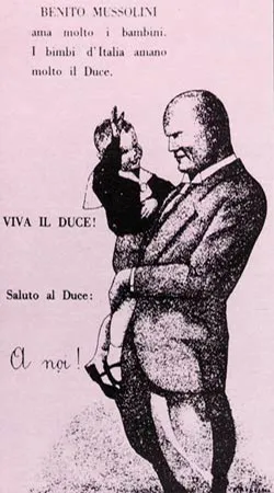 Fascist propaganda was also aimed at young children. The above poster reads, "Benito Mussolini loves children. And the children of Italy love the Duce. Long liv