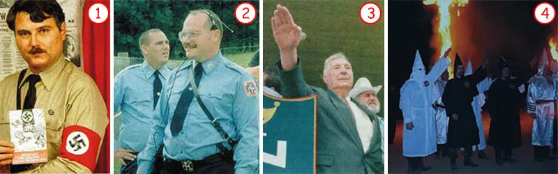 The Ku Klux Klan (above and below right) which hates Blacks, the Aryan Nation, and the American Nazi Party, are active fascistic groups. The Ku Klux Klan and Am