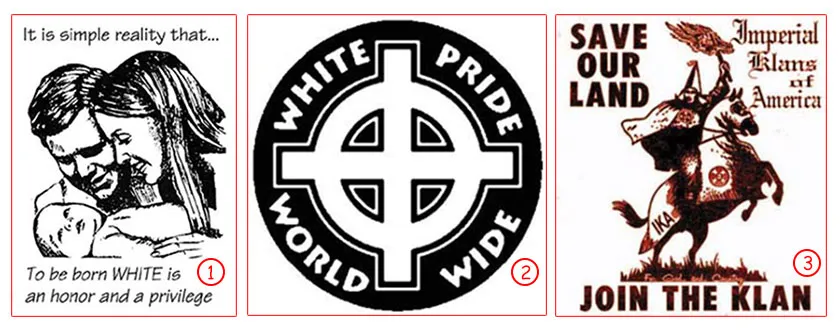 Fascist Organizations in the USA From left to right. Symbols and slogans of American racist and fascist organizations.