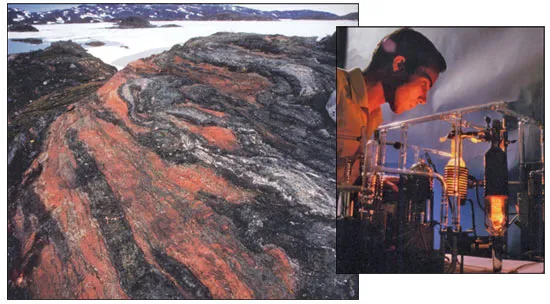 The world's oldest rocks are in Greenland, between 3.9 and 3.8 billion years old. (left) The age of rocks are determined by the researches made on the decay of