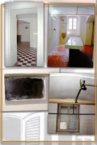 Top left: The way to the gas chambers Top right: Dissecting room Bottom left: Observation window used to ensure that all "patients" were dead Bottom right: Spri