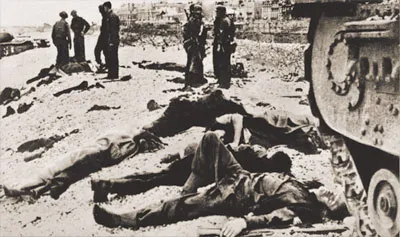 August 19, 1942: People in the French coastal town of Dieppe murdered by the Nazi garrison. Top right: Germans carrying heavy weapons during fierce fighting on